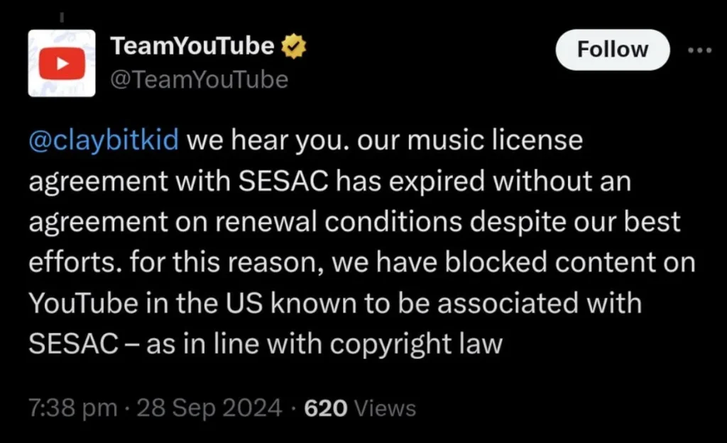 YouTube ve SESAC Arasındaki Lisans Anlaşmazlığı, Popüler Şarkıları Platformdan Sildi